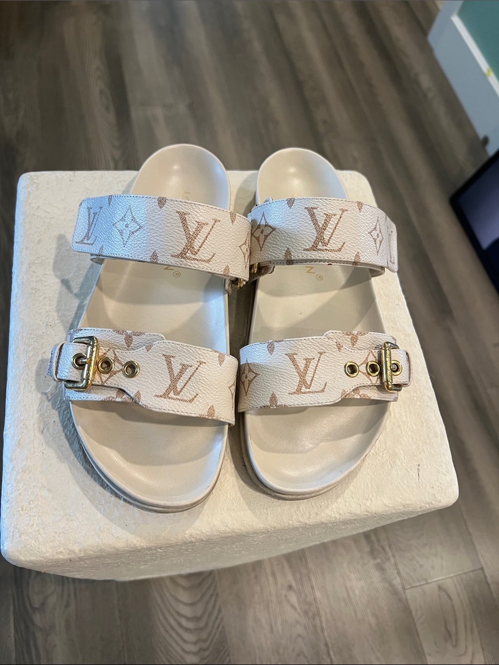 Louis Vuitton Cream Monogram Double-Strap Slides